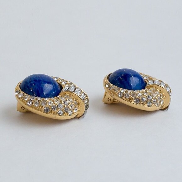 Vintage Christian Dior Earrings Faux Blue Lapis Lazuli Pave Rhinestone Gold Tone - Picture 5 of 13